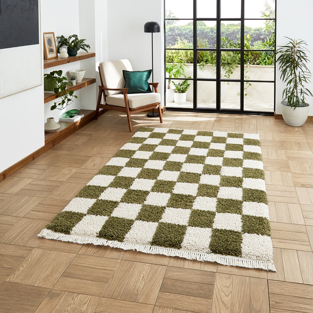 Boho 9433 Checkerboard Shaggy Modern Rugs in Green